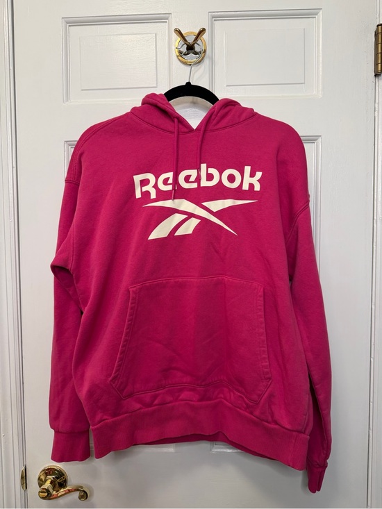 Reebok Tops - Reebok Pink White Graphic Hoodie Logo Pullover‎ Sweatshirt Size Large